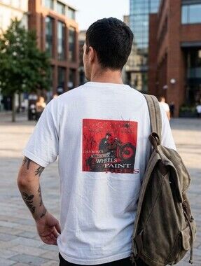 Off-White Short Sleeve T-Shirt | Black Widow Motorcycle Works Graphic | Men’s L